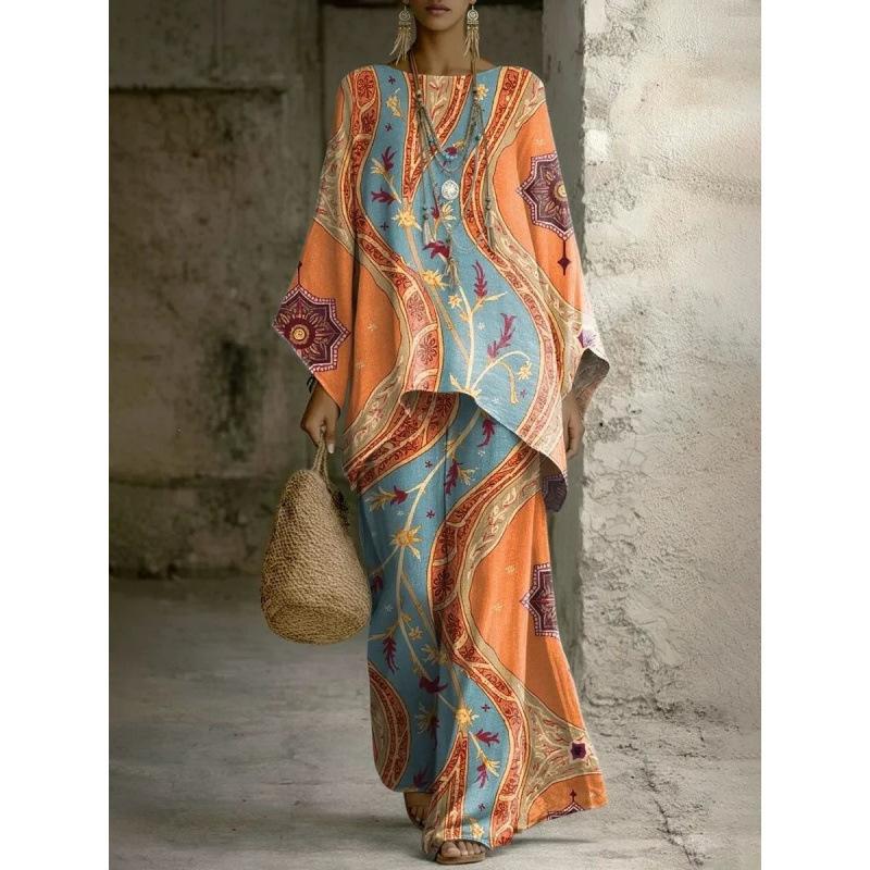 European and American retro bohemian suit exotic 1D printed loose top wide-leg pants temperament casual two-piece set