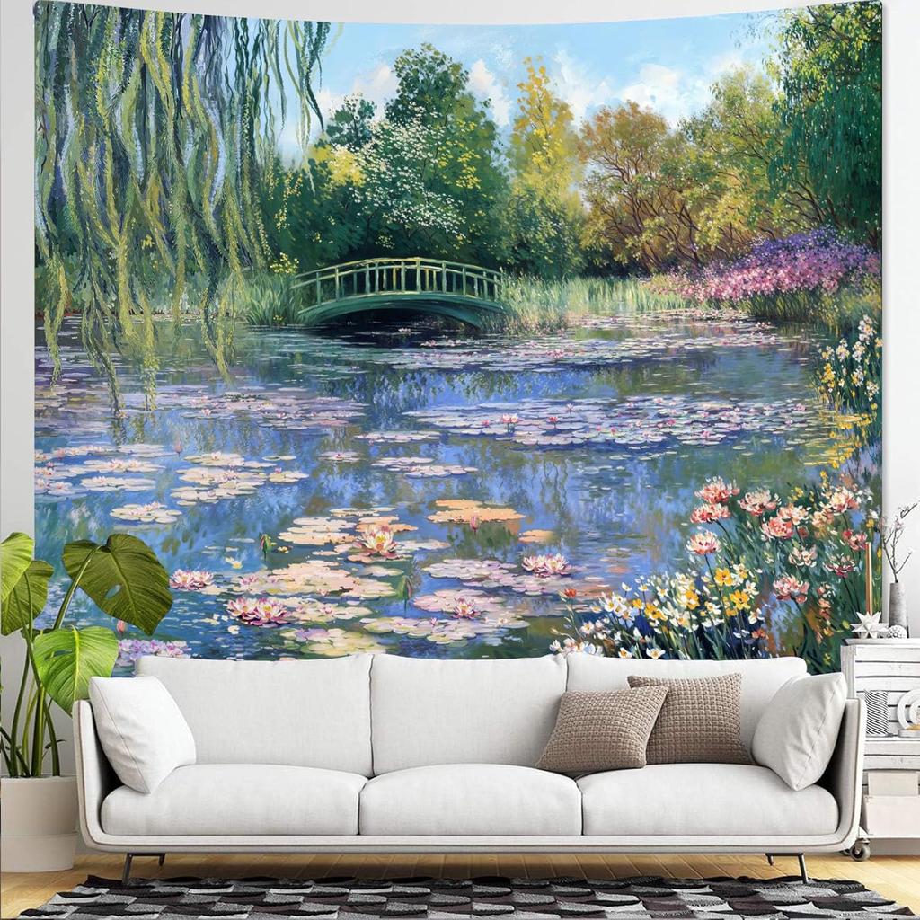 Monet Water Lilies Tapestry Green Floral Plant Tapestries Aesthetic Monet Wall Art Posters Nature Flower Garden Landscape Small