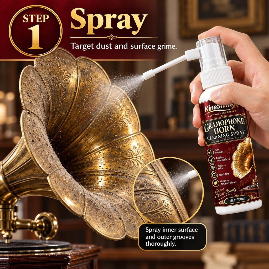 Gramophone Horn Cleaning Spray, Antique Brass Metal Cleaner for Phonograph Horns, Removes Dust and Restores Shine, Gentle on Vintage Finishes