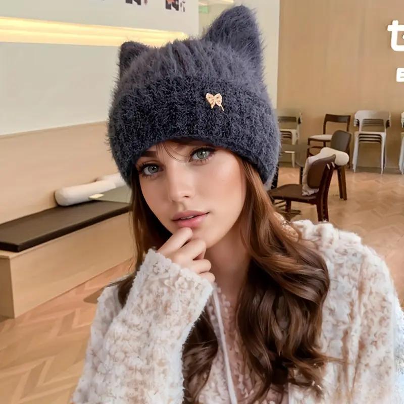 

Женская зимняя шапка с кошачьими ушками и брошью-бабочкой - Эластичная складная шапка-бини для холодной погоды, Мягкая теплая защита ушей, Только ручная стирка, Зимняя шапка серый
