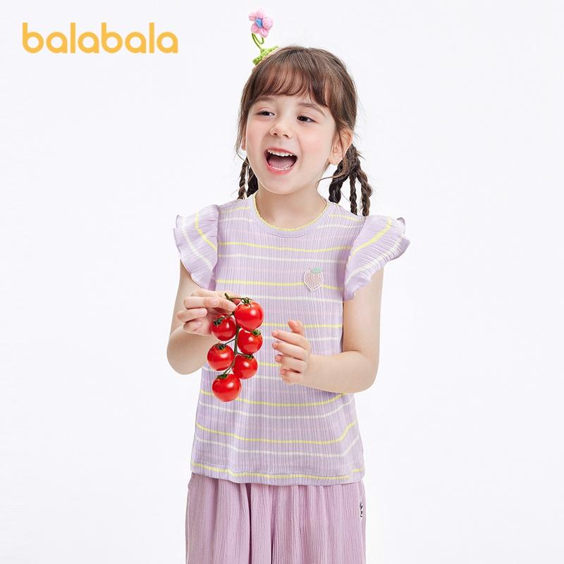Balabala T-shirt for girls, short sleeved children's top, summer new style, striped T-shirt, sweet little fly sleeves