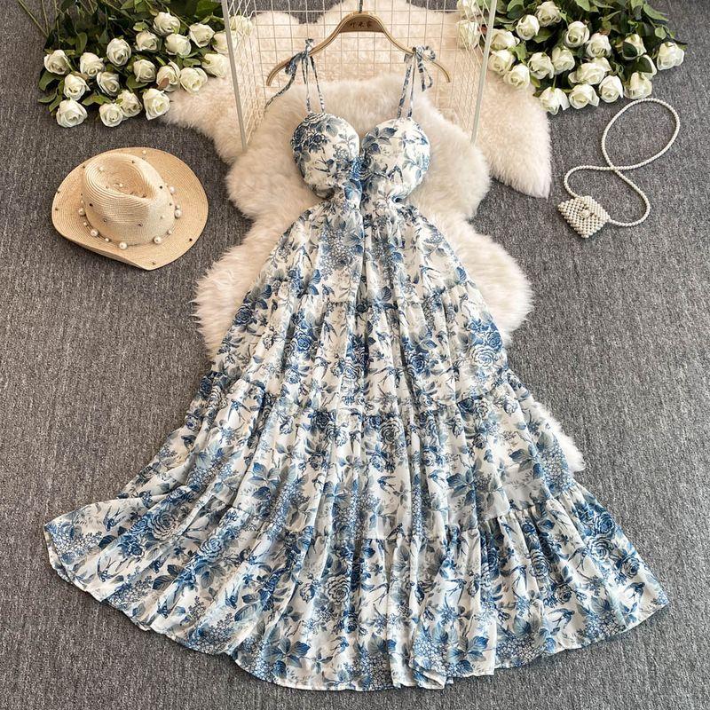 Sexy Cutout V-neck Strap Dress Women's Summer Vacation Wear Tight Waist Slimming Flounce Floral Chiffon Skirt