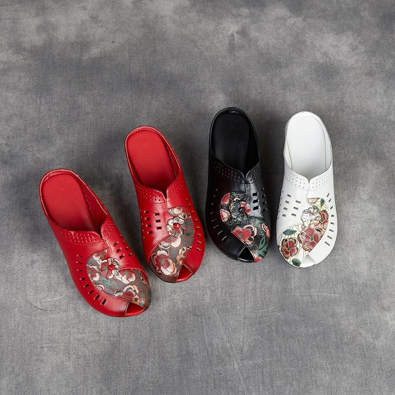 Slippers summer outer wear women's shoes thick heel soft sole sandals women's first layer cowhide hollow non-slip mother sandals