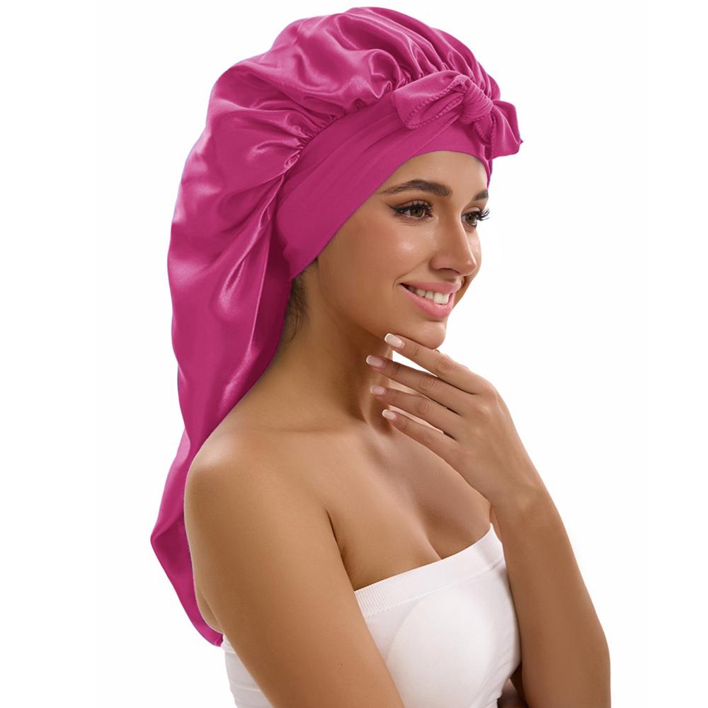 1/2/3pcs Satin Sleep Caps with Ribbon Tie - Black & Pink Polyester Night Hats for Long Hair Casual and Stylish Design