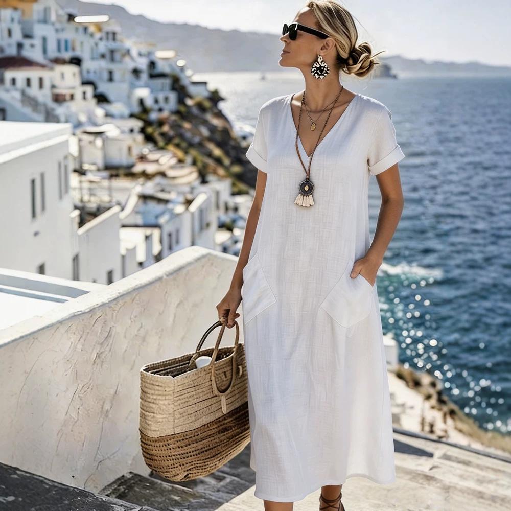 Amazon 2026 Temperament Short-sleeved V-neck Pocket Pendulum Loose Casual Vacation Style Long Dress
