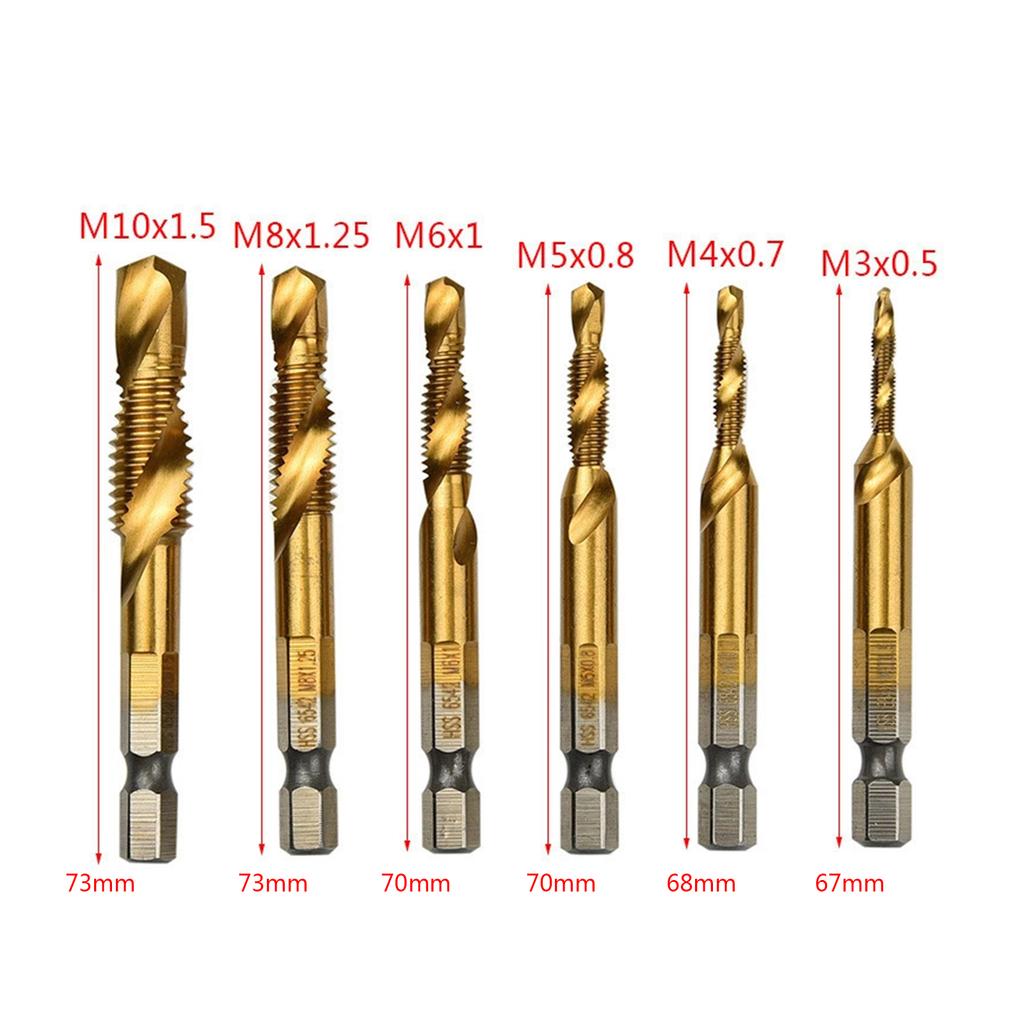 Titanium Coated Hexagonal Handle Drill Bits Tap Set (6pcs) Perfect for Creating Thread In a Variety of Surfaces M3M10