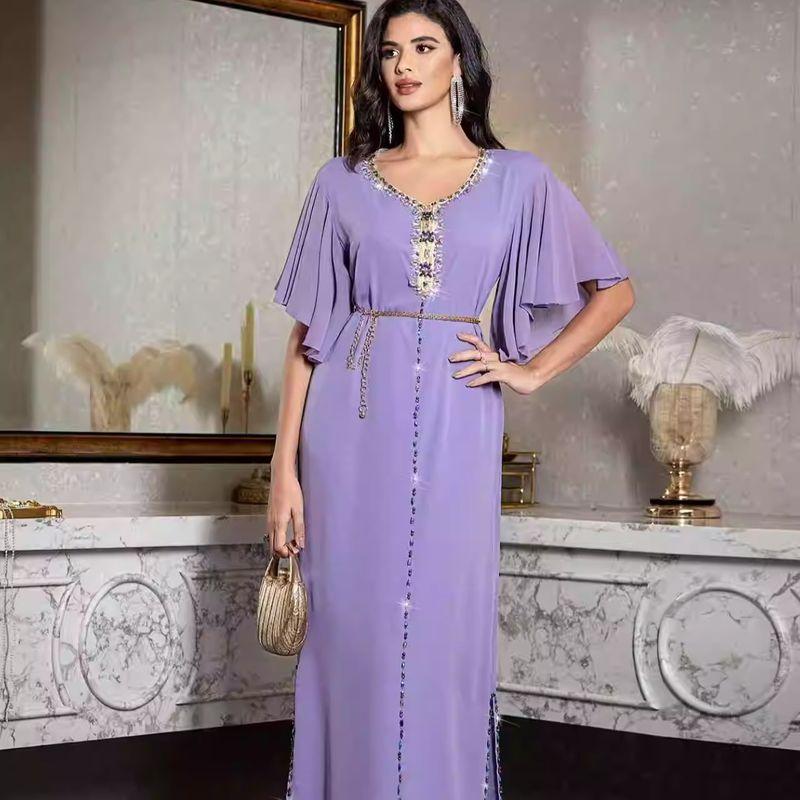 New Arrival Middle East Lilac Purple Horn Cuff Hand Sewing Drill Dress V-Neck Flared Sleeve Dress