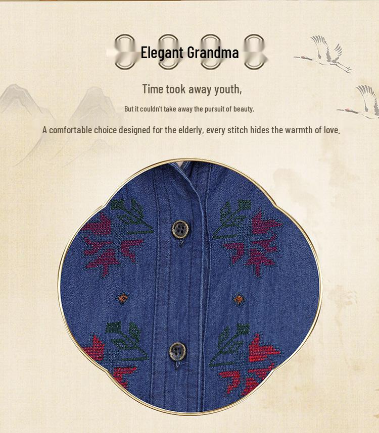 Seven-Sleeve Denim Shirt for Mid-Aged & Elderly Women, Spring/Summer Pure Cotton Top