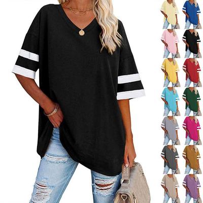 Women's Summer T-shirt Big Size Casual Short-sleeved Half-sleeved Loose Striped Cotton T-shirt Tops