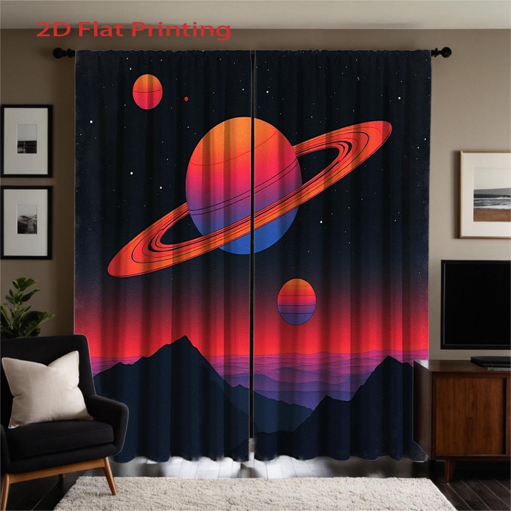 Flat Printing Curtains Retro Space Theme Saturn Planet Mountain Pattern Colorful Cur Curtain Set Of 2 Made Polyester With Rod Pocket Washable