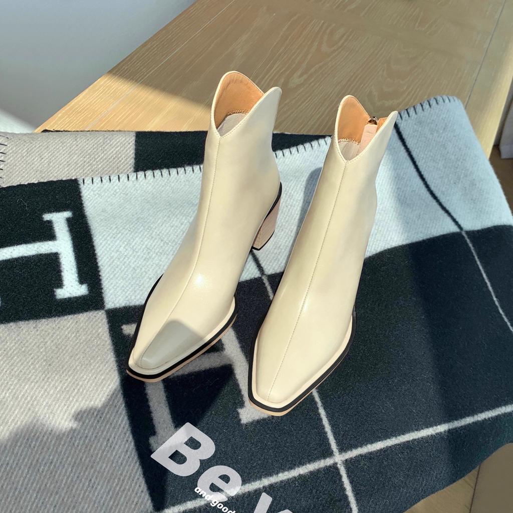 Cowhide version~ French small boots leather pointed head v-mouth short western boots women's thick heel high heel and ankle boots Martin boots