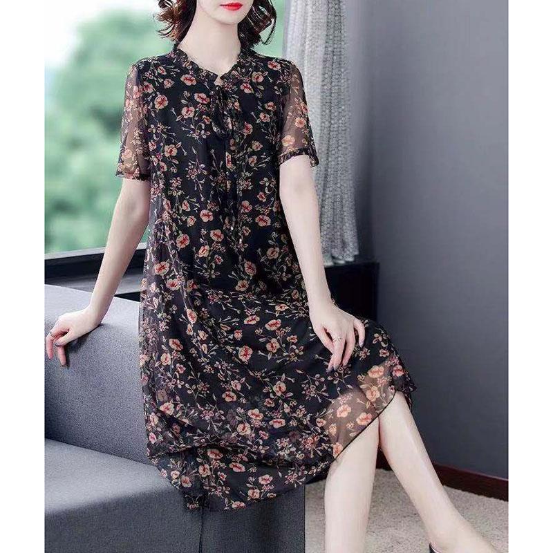 Women's Oversized Dress Printing Round Neck Short Sleeved Loose Mesh Dress Mid Length Simple Commuting Summer