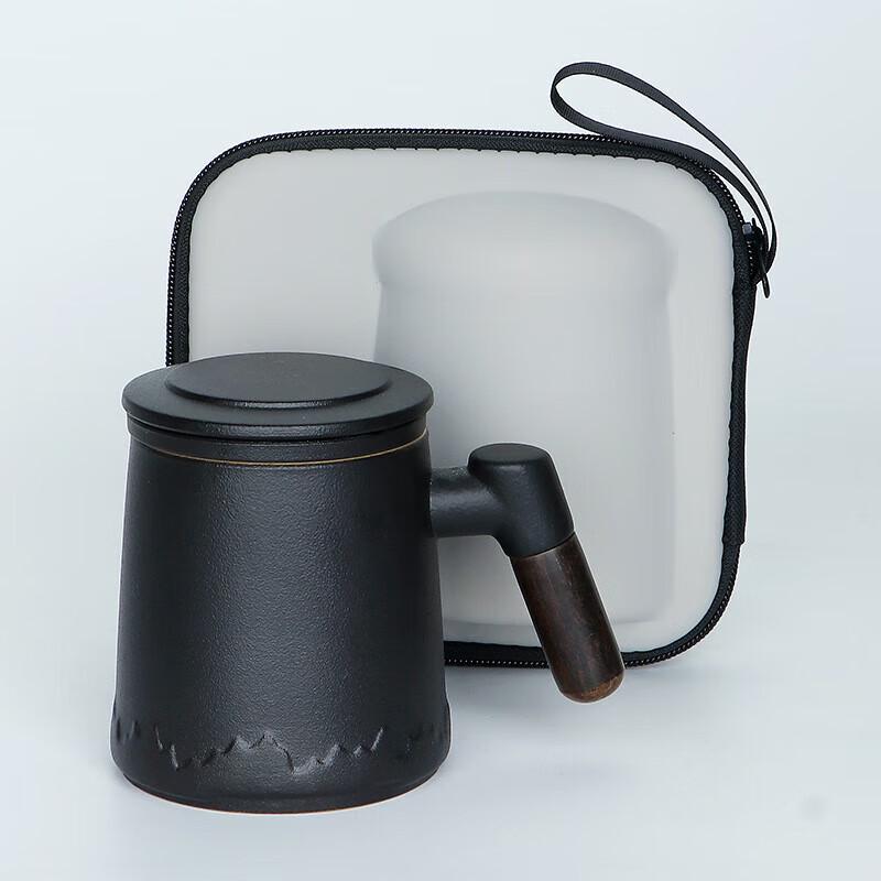 Ceramic Office Tea Mug with Lid, Filter & Wooden Handle Gift Set