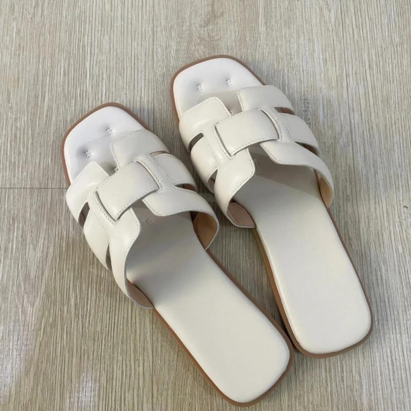 Sheepskin version~ Simple woven flat-bottomed one-word slippers for women's versatile and comfortable beach casual cool slippers