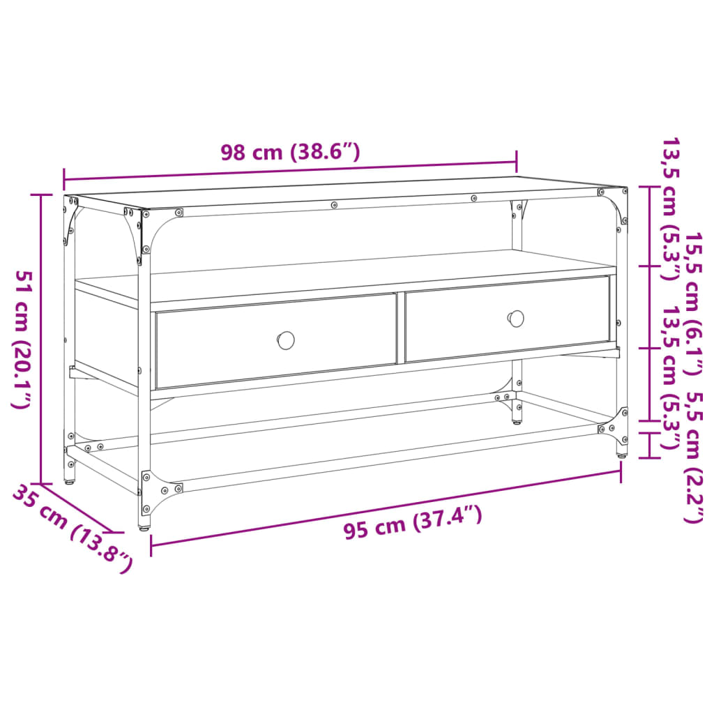 TV Stand with Glass Top Smoked Oak Finish 98 X 35 X 51 Cm Engineered Wood