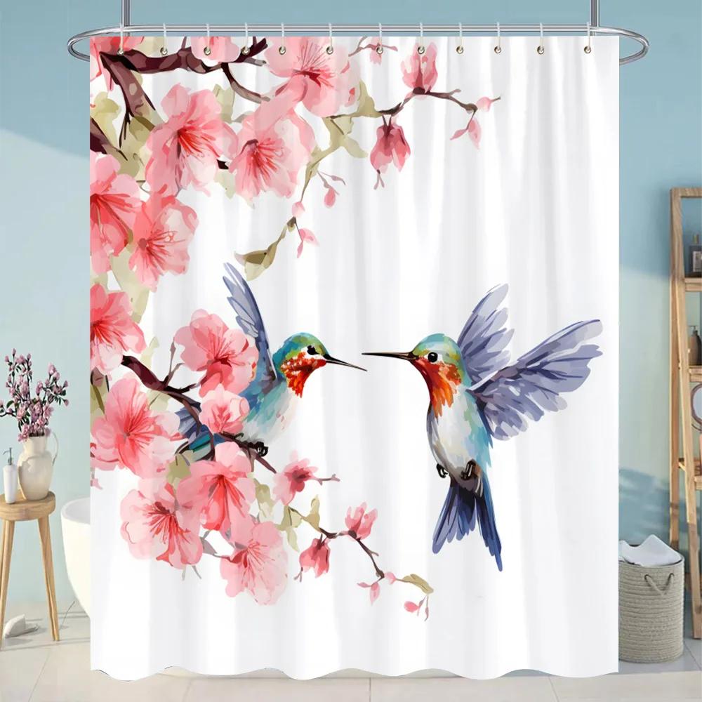 Botanical Flower Shower Curtain Colourful Flowers Green Leaves Watercolour Art Creative Polyester Shower Curtains Bathroom Dec