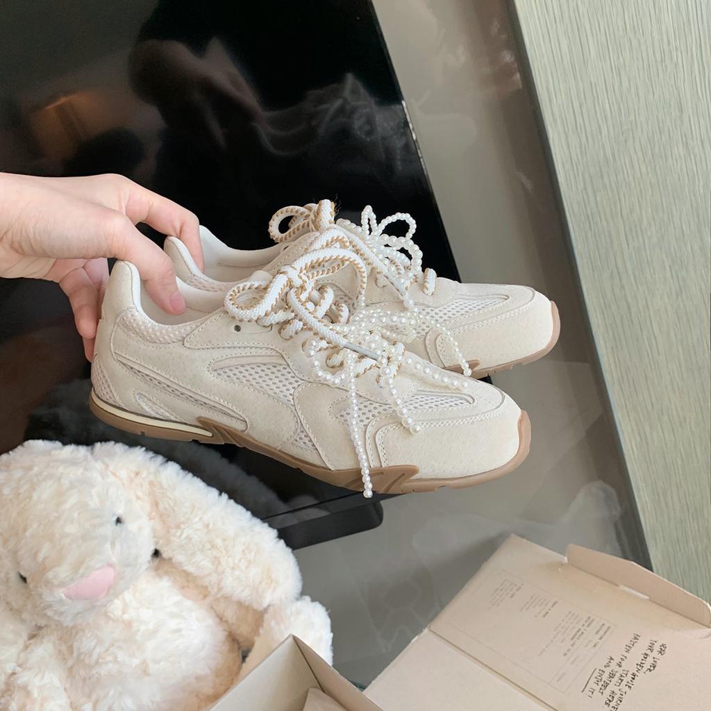 2025 spring new platform sports shoes comfortable soft sole breathable dad shoes pearl lace-up silver casual women's shoes