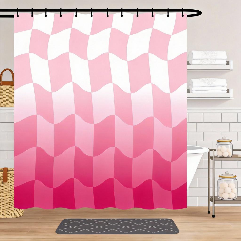 Modern Geometric Shower Curtain Pink and White Wavy Checkered Design Stylish Bath Curtain for Girls’ Room and Contemporary Decor