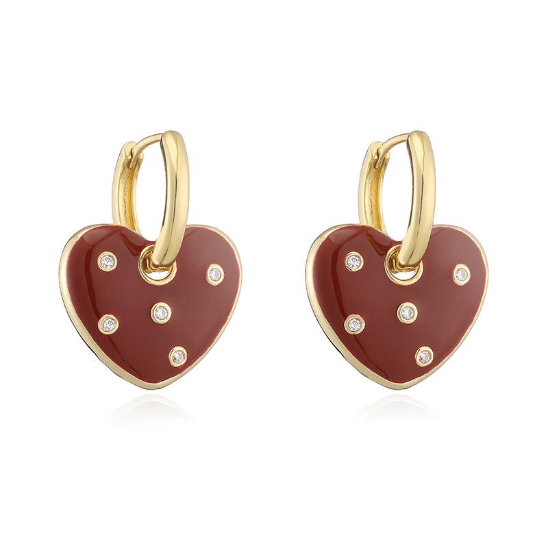 HECHENG,French Sweet Romantic Heart Pattern Enamel & Oil Drip CZ Stones Earrings for Women 1 Pair