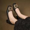 Woman Square Toe Buckle Shoes Rhinestone Retro Fetish Shoes Shallow Mouth 5CM High Heel Female Elegant French Suede Loafers
