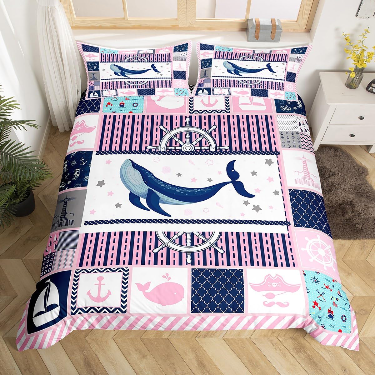 

Whale And Anchor Duvet Cover Set For Teens Kids Boys Queen Lightweight Bedspread Cover Bedroom Decor Navy Blue Ocean Bedding Set EU Single(135x200cm)