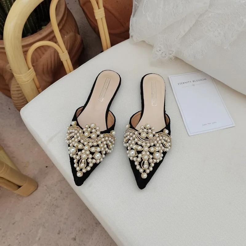 Fashion Women's Shoes 2024 Summer New Slippers Handmade Beaded Low Heel Sandals Pointed Lace Headed Flat Bottom Half Slippers