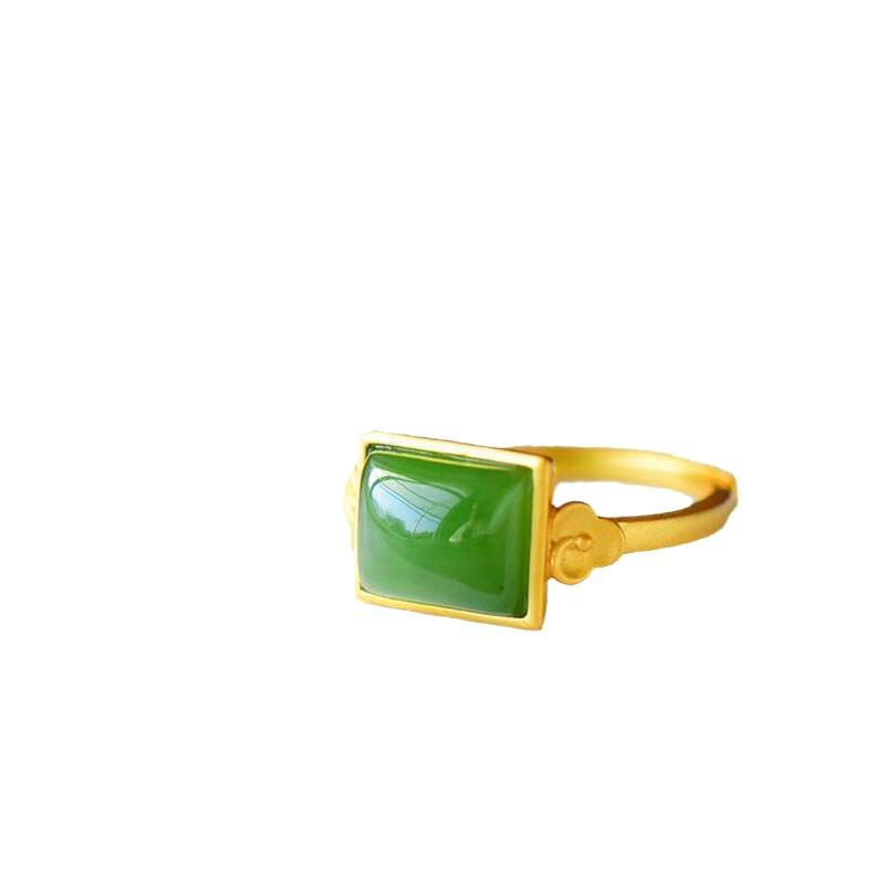 Gold-Plated Green Square Hetian Jade Flower Ring - Elegant, Simple Design