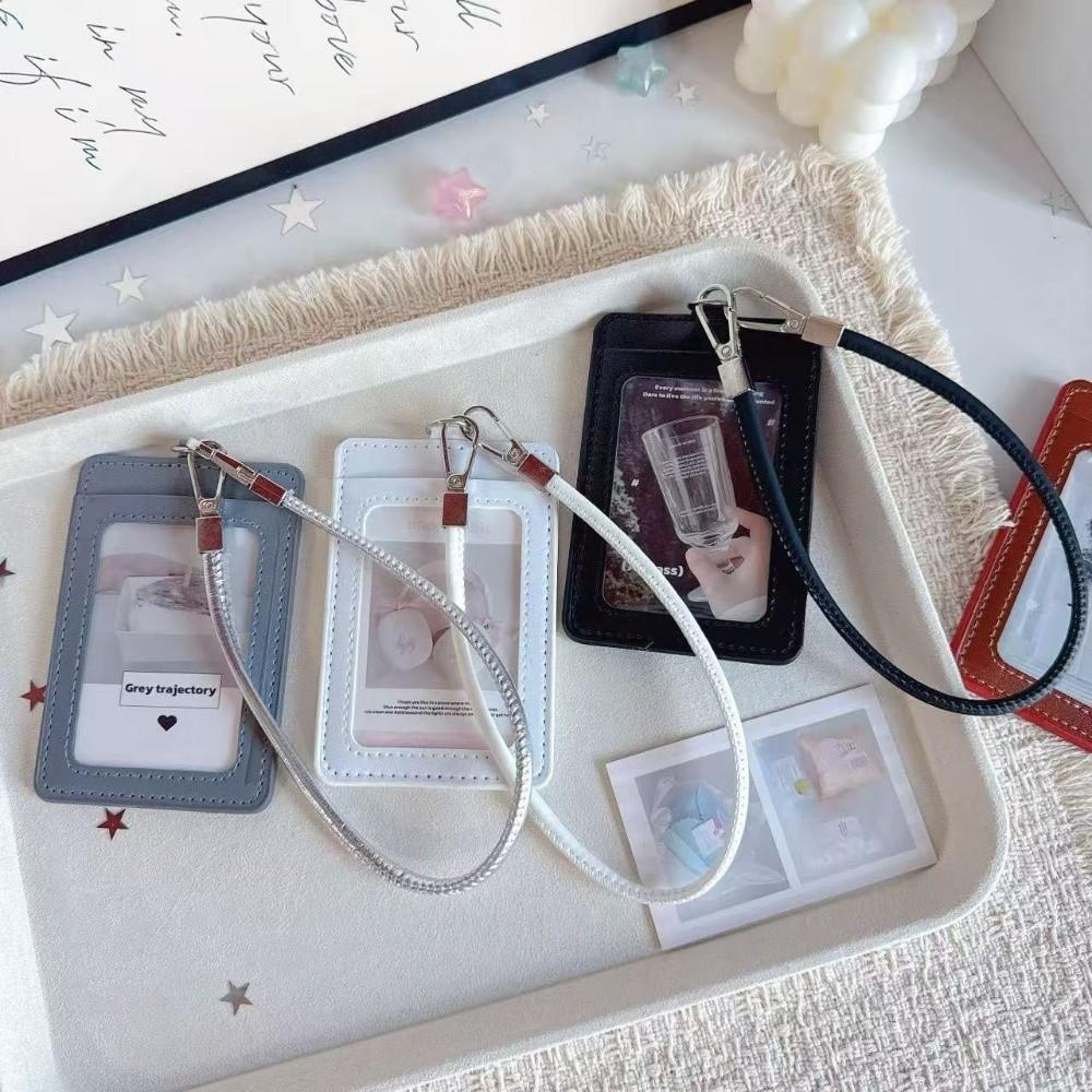Portable PU Leather Card Holder Dual-Slot With Hand Wrist Strap Card Case Photocard Holder Access Control Card