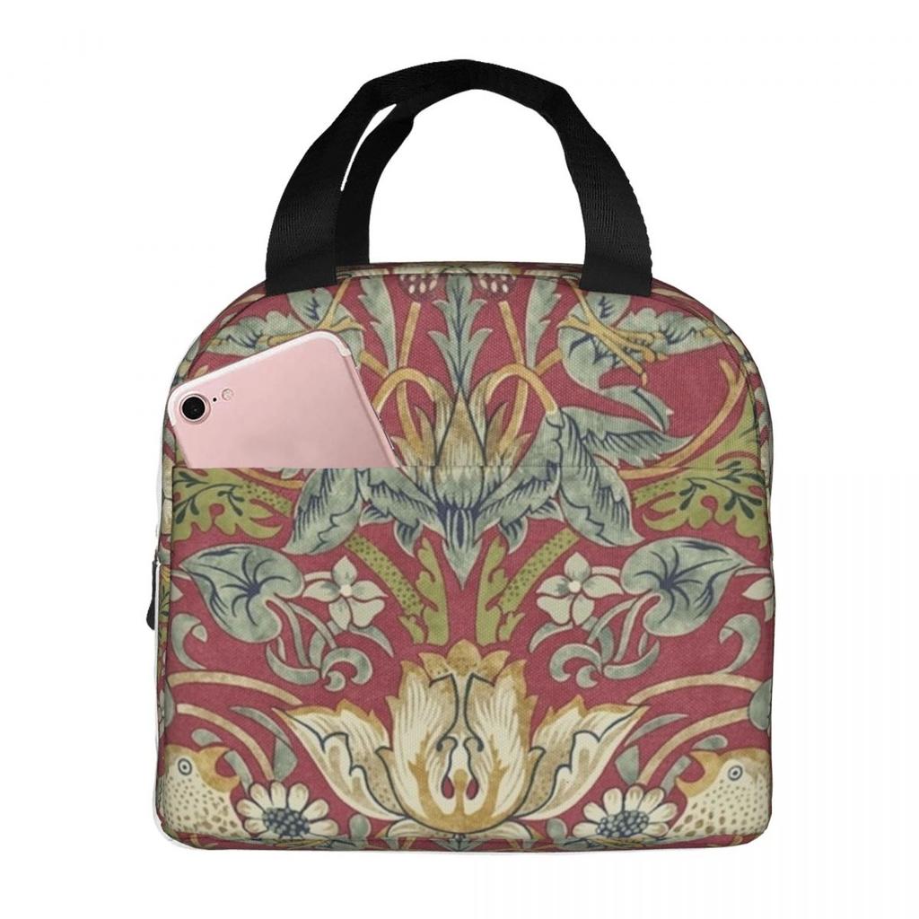 William Morris Strawberry Thief Rood Geïsoleerde Lunchtas voor Dames Kantoor Koeltas Thermische Voedseldoos Tote LekkendLunchboxenContainer