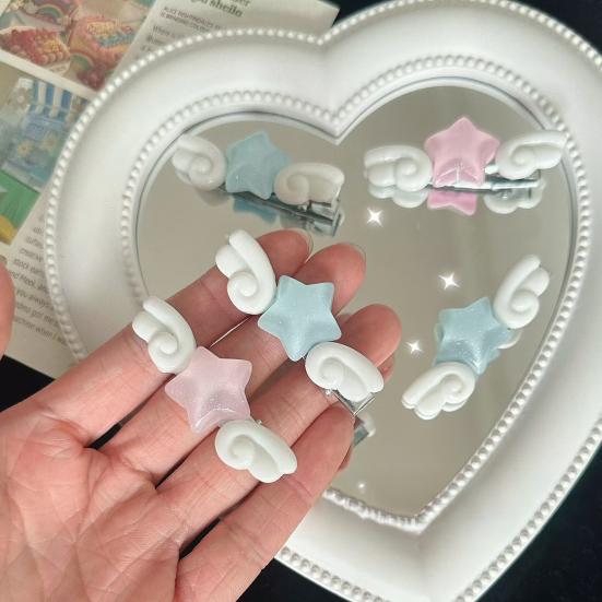 2Pcs Girl Hairpins Sparkling Ice Glitter Design Stars Angel Wings Decor Decorative Bang Hair Clips Hair Accessories