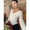 Jersey de Punto Casual de Encaje con Cuello en V para Mujer Otoño e Invierno Nuevo Jersey de Punto Ajustado para Mujer Tops Elegantes Sólidos Vintage Jerséis de Señora 25865