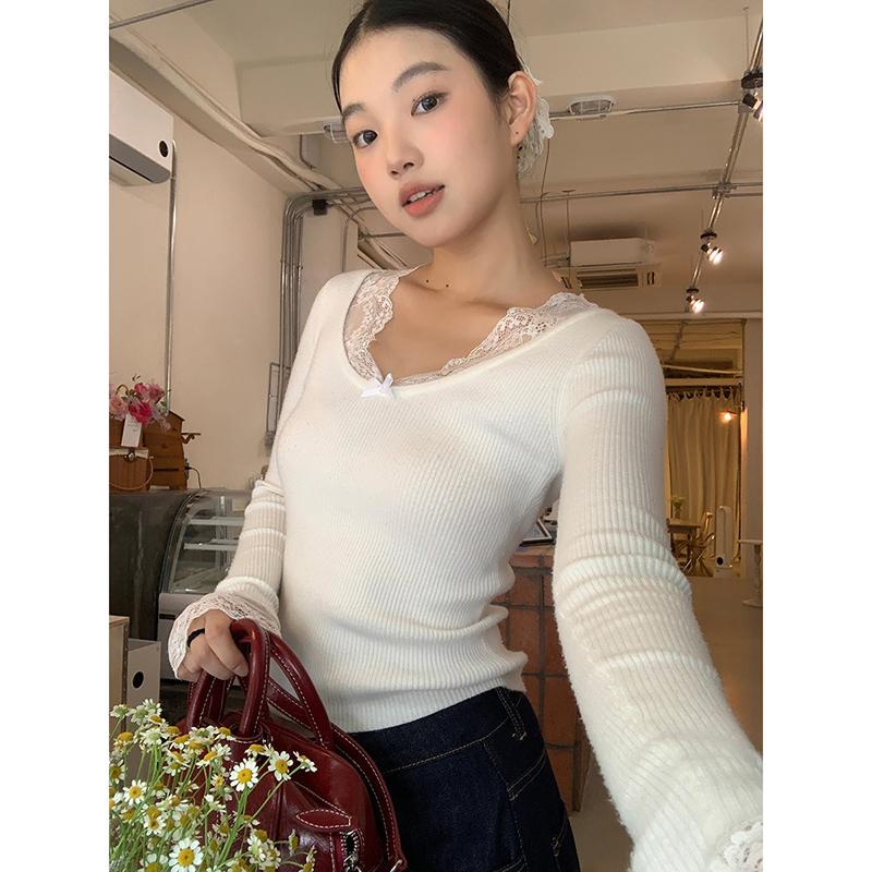 Jersey de Punto Casual de Encaje con Cuello en V para Mujer Otoño e Invierno Nuevo Jersey de Punto Ajustado para Mujer Tops Elegantes Sólidos Vintage Jerséis de Señora 25865