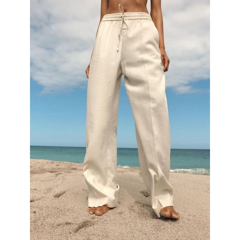 Za2024 Summer New Product Women's Clothes Drawstring Elastic Waist Linen Wide Leg Casual Straight Pants 9929040 401