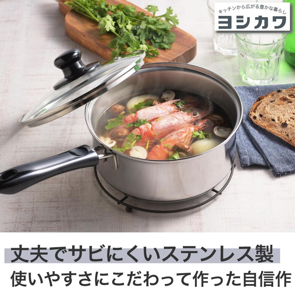 Yoshikawa Cook Look Neo Induction Cooking Compatible Stainless Steel with Glass Durable SJ4003, Saucepan, 18cm, 2.2L, Lid, Rust-Resistant,