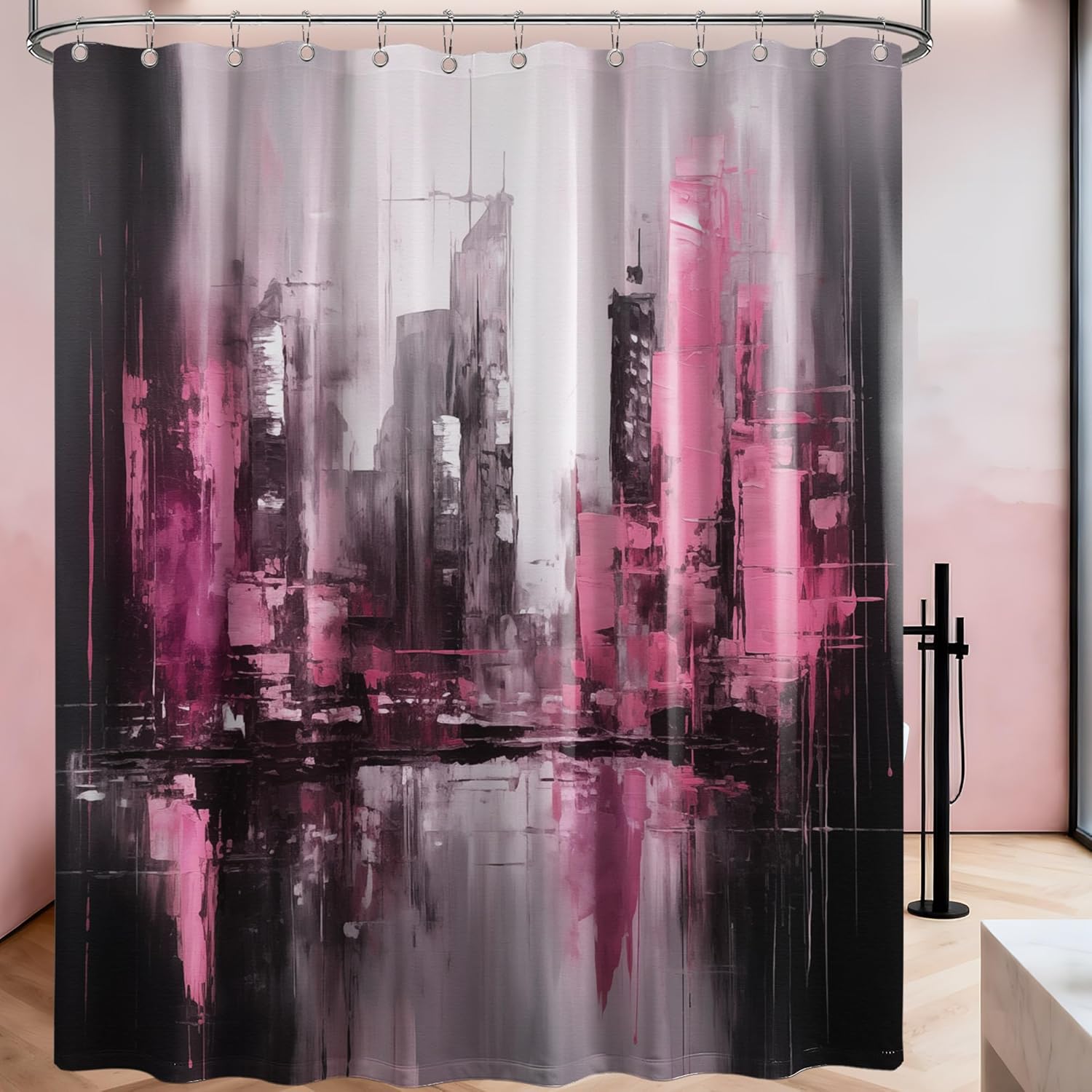 

Black And Pink Shower Curtain Abstract Art Painting Modern Bathroom Decor Minimalist Aesthetics Hooks W60H190(CM)-1 Pcs