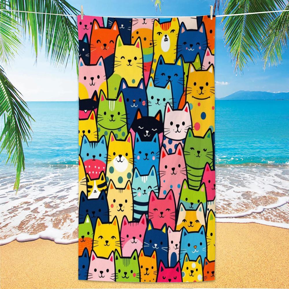 Cute and Cute Cat Cartoon Microfiber Beach Towel Quick Drying Lightweight Absorbent Bath Towel Outdoor Travel Pool Bath Towels