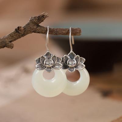 Natural An Jade Eardrop Round Vintage Lotus Earrings For Women Classic Style Charming New In   Jewelry Gift