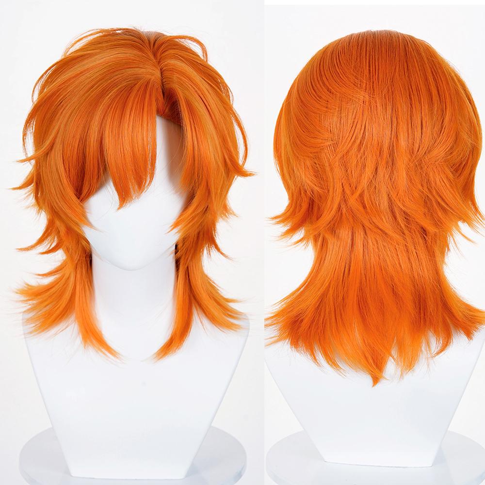 Oranje Wolfstaart Mullet Hoofd Synthetische Pruiken Midden Scheiding Kort Recht Anime Spel Cosplay Pluizige Pruik voor Dagelijks Feest orange