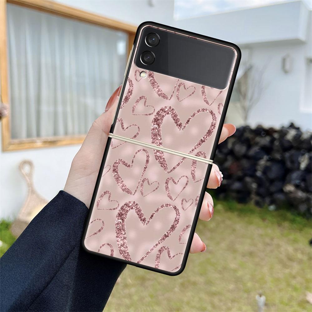 Shiny Pink Cool Case For Samsung Galaxy Z Flip 3 4 5G Black Hard PC Phone Housing Z Flip4 Luxury Segmented Cover