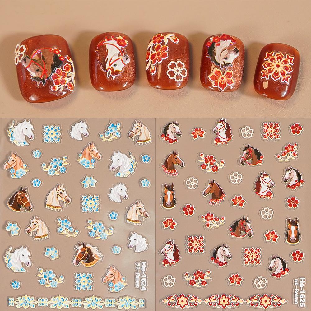5D Embossed Cartoon Nail Art Stickers: Galloping Horse & Red Flower Wreath He1625