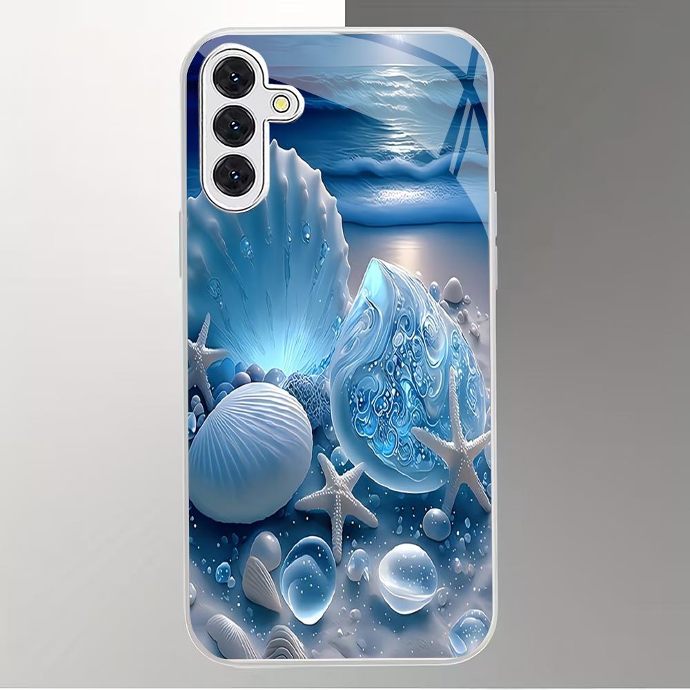 Blaue Muschel galvanisierte Glas Handyhülle geeignet für Samsung Galaxy S26 S25 S24 S23 S22 S20 FE/Ultra/Plus Anti-Drop-Rückabdeckung