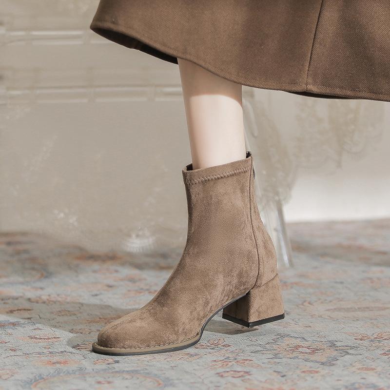 Temperament Suede Thick Heel Short Boots Women's Rear Zipper Autumn and Winter New Comfortable Versatile Square Head Elastic Medium Tube Fashion Boots