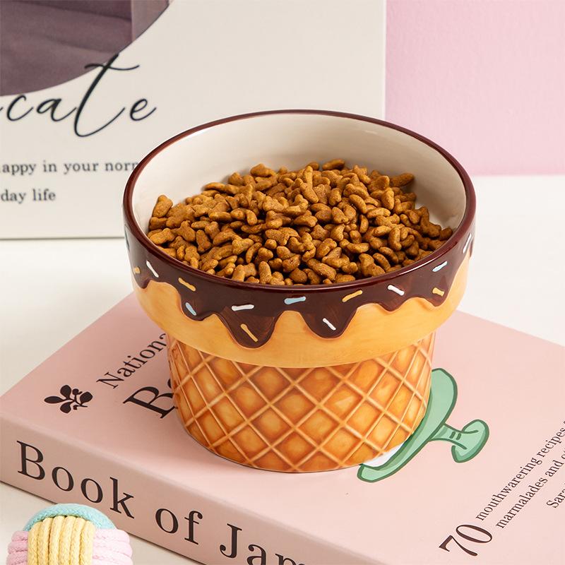 Creative Ceramic Drinking Water Food Bowls Anti Overturning Neck Protection Flat Mouth Ice Cream Pattern Cat Bowl, Supplies, 1Pc