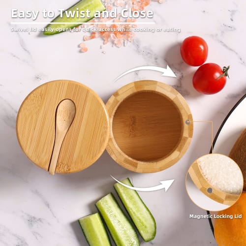 EDENMS Bamboo Salt Box with Spoon, Salt Cellar, Salt Keeper, Spice Storage Box, Seasoning Pot, Sugar Bowl with Swivel Magnetic Lid, Kitchen Spice Cell