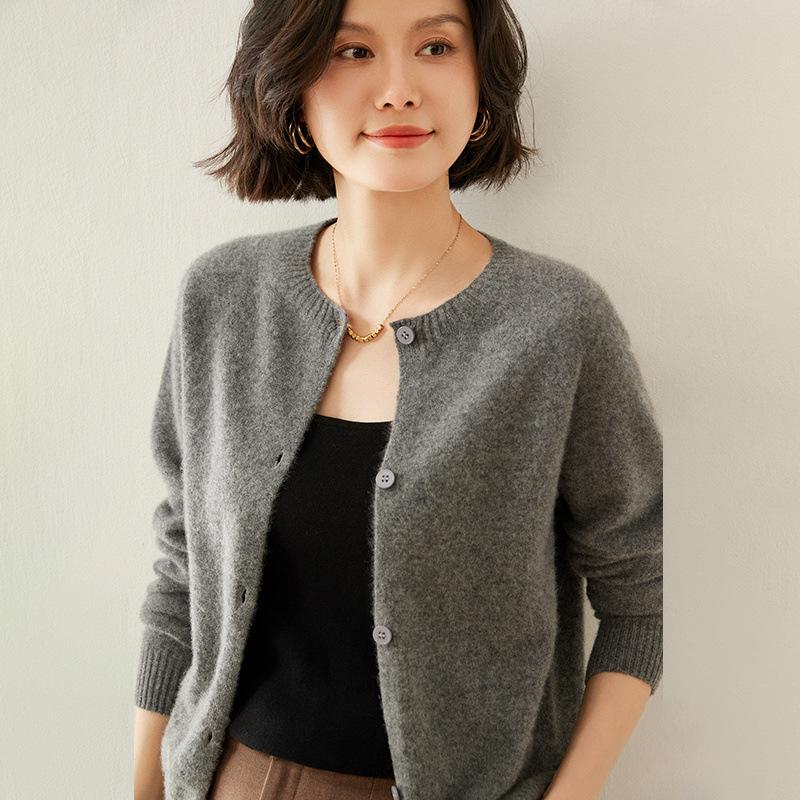 Women's Cashmere Round Neck Cardigan - Autumn/Winter Slim Fit Knitted Sweater, Solid Color, Versatile Outerwear