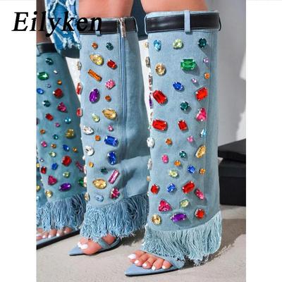 Eilyken Runway Blå Denim Krystalltynne Hæler Knestrømper Stiletter Nattklubb Åpen Tå Damesko Botas Mujer