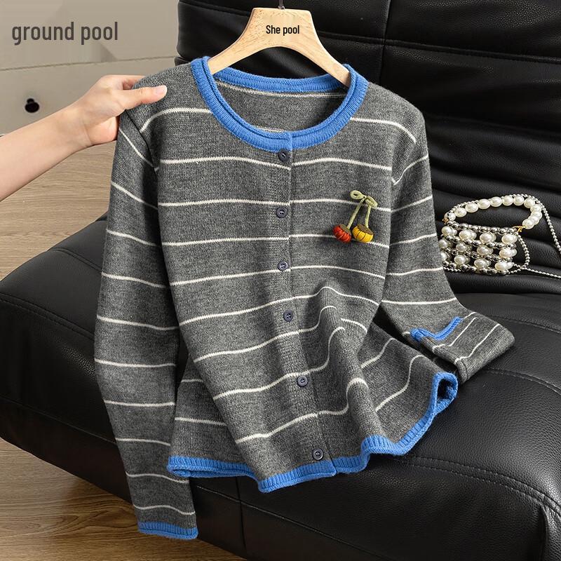 

Women s Round Neck Striped Knit Cardigan One Size