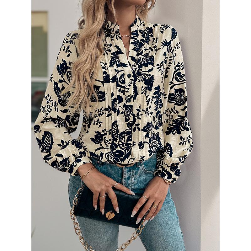 Spring And Autumn New Vintage Printed Shirt Small Stand Collar Elegant Shirt Women's Fashion Long Sleeve Button Office Blouse
