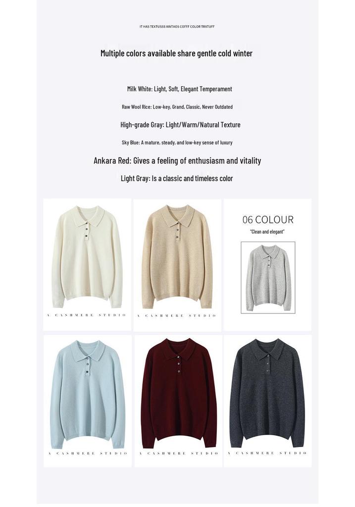 Women's 100% Pure Cashmere Slimming Polo Collar Sweater - Autumn/Winter Casual Long Sleeve Knitwear.