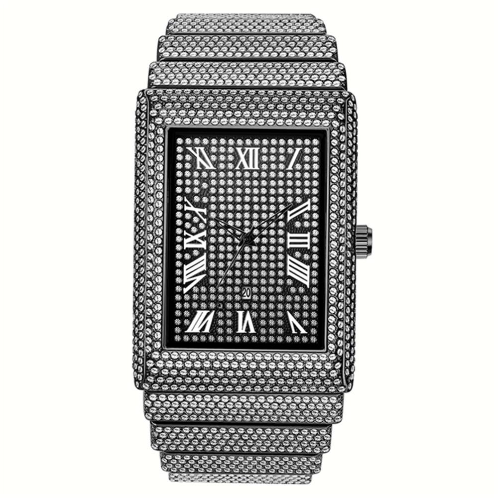 Diamond-encrusted Watch Men's Hip-hop Gypsy Square Black Giant Flash Gold Calendar Quartz Watch